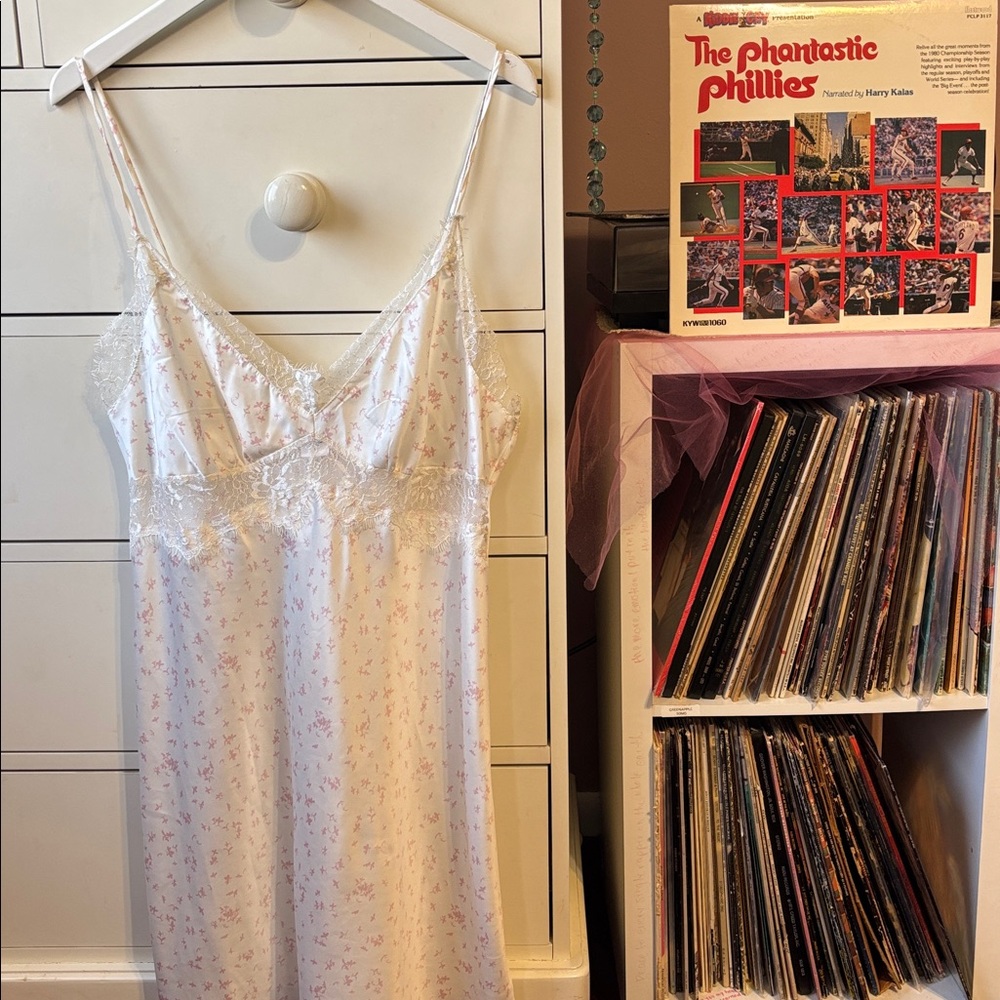 Y2K Vintage 90s Slip Dress Barbie Pink Girly Coquette Lace Floral Large Mini Hot